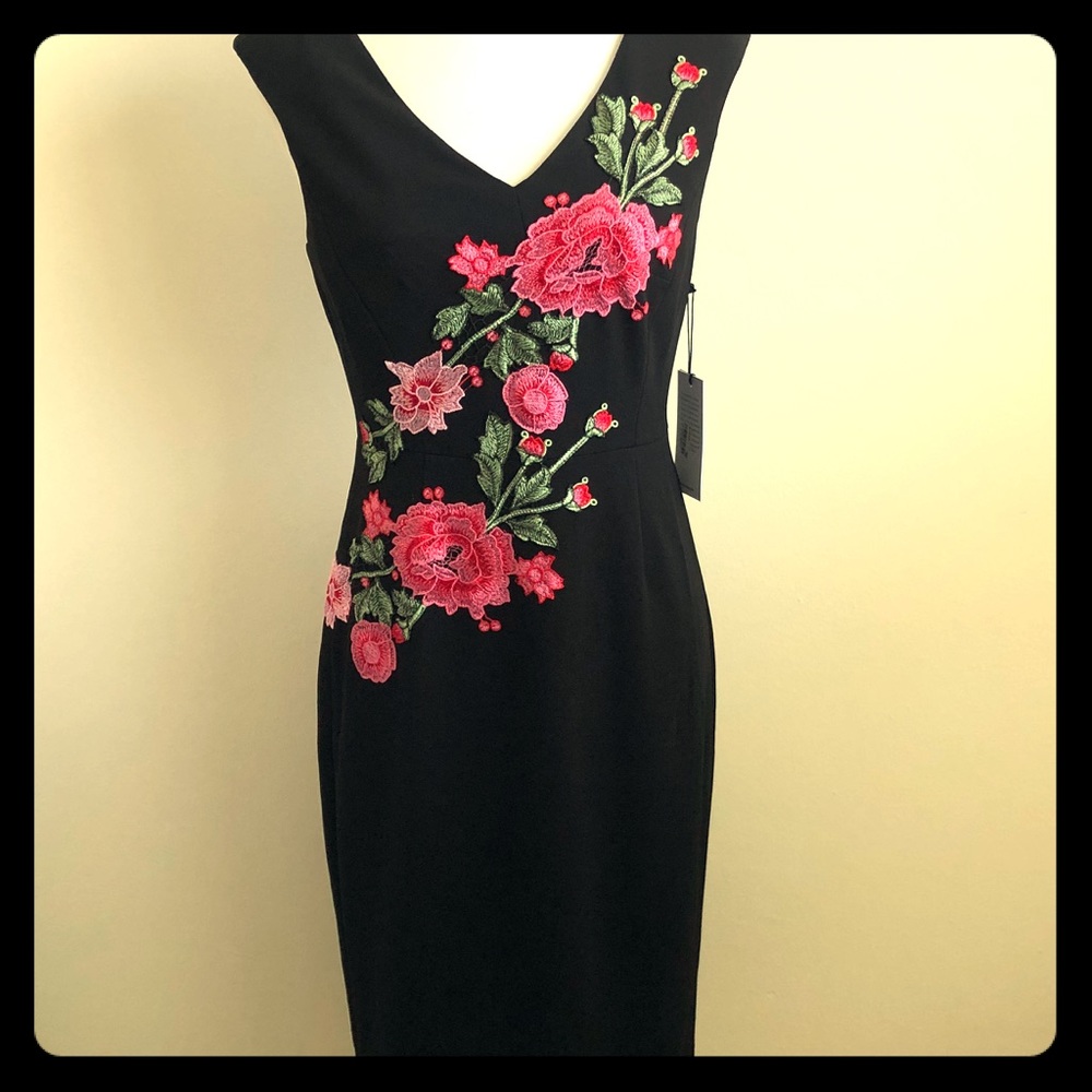 Ivanka Trump Floral Accent Black Sleek Midi Dress